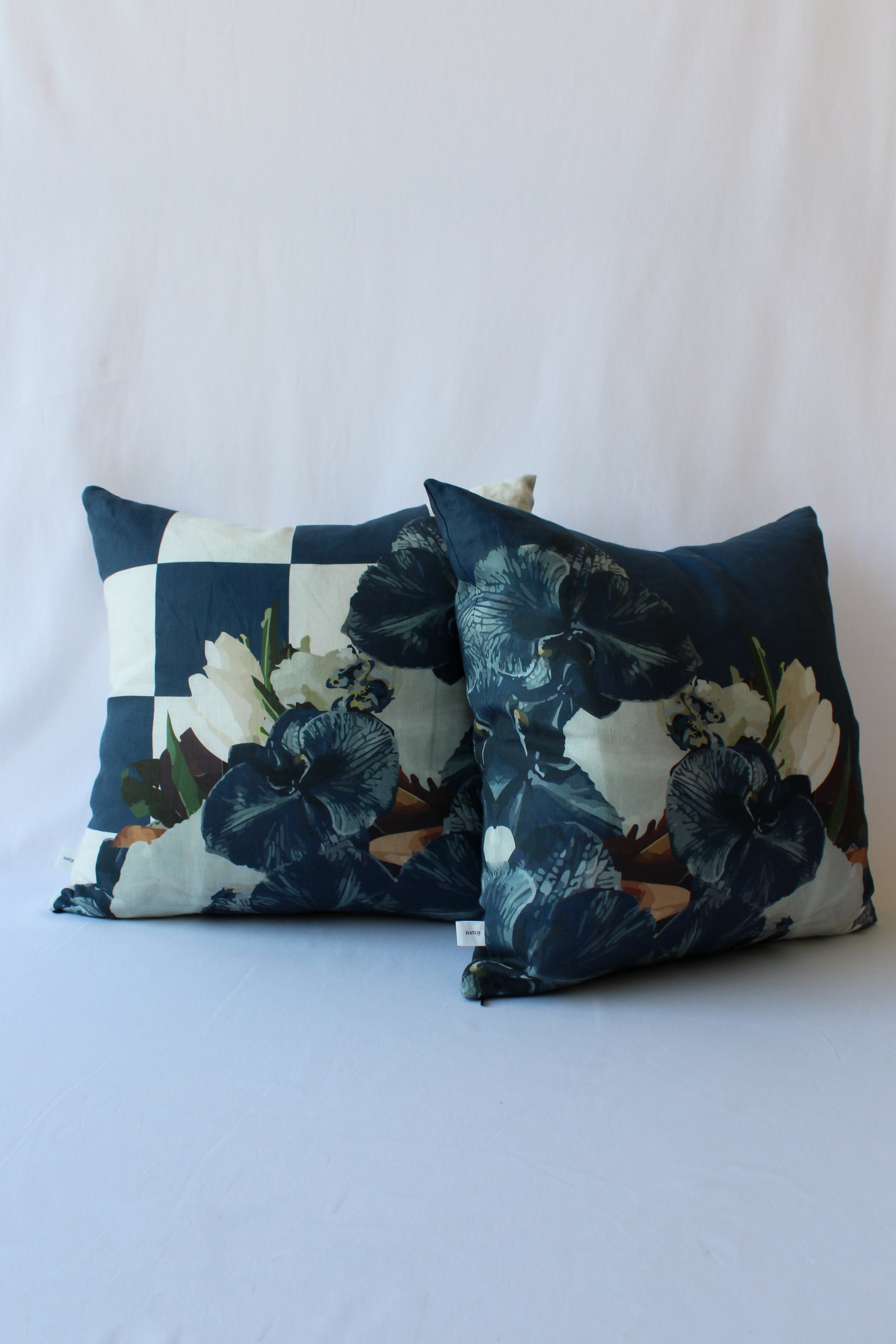 Linen cushions in navy hues perfect for beige sofas