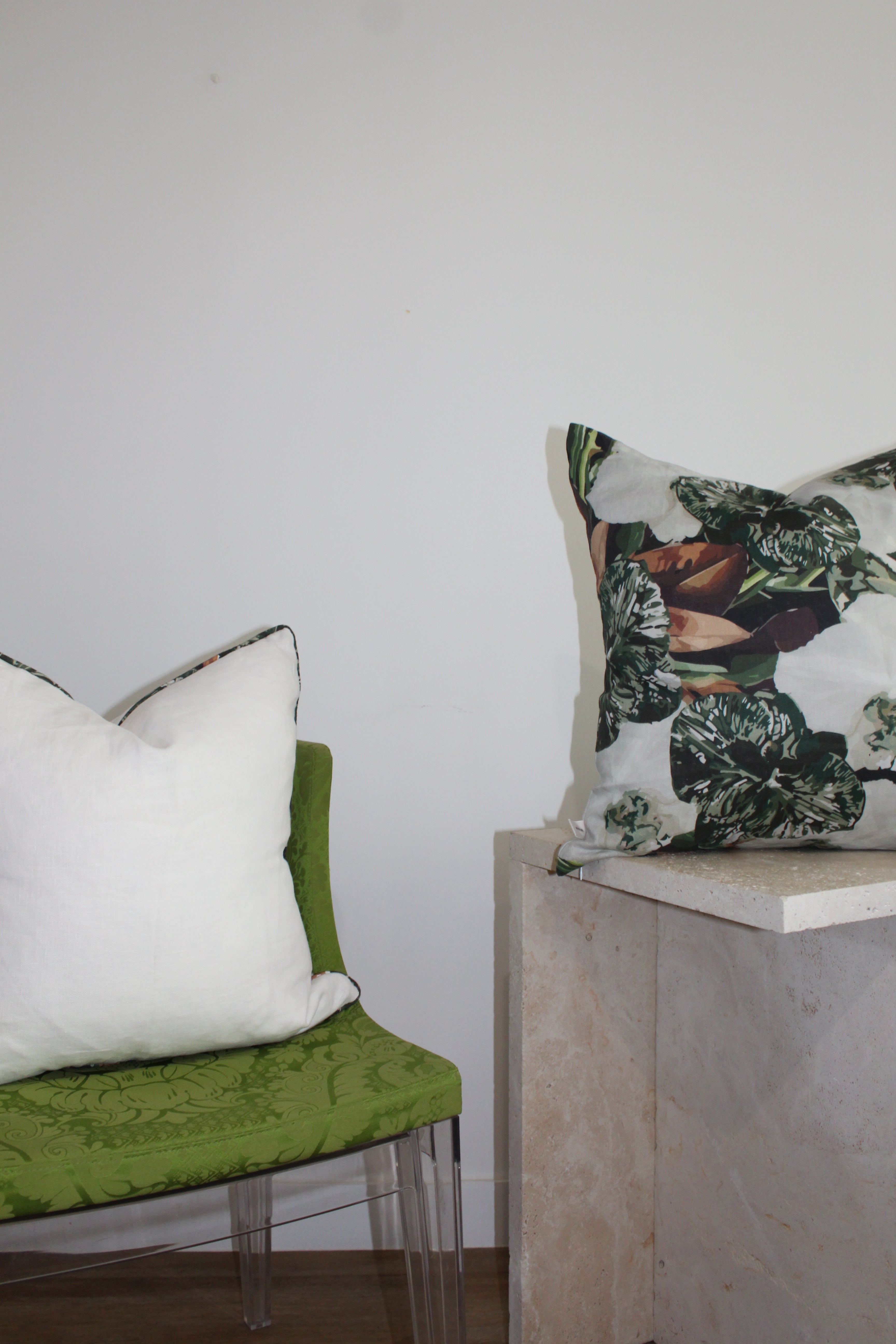 Close-up of eco-friendly pistachio-coloured cushion on modern chair