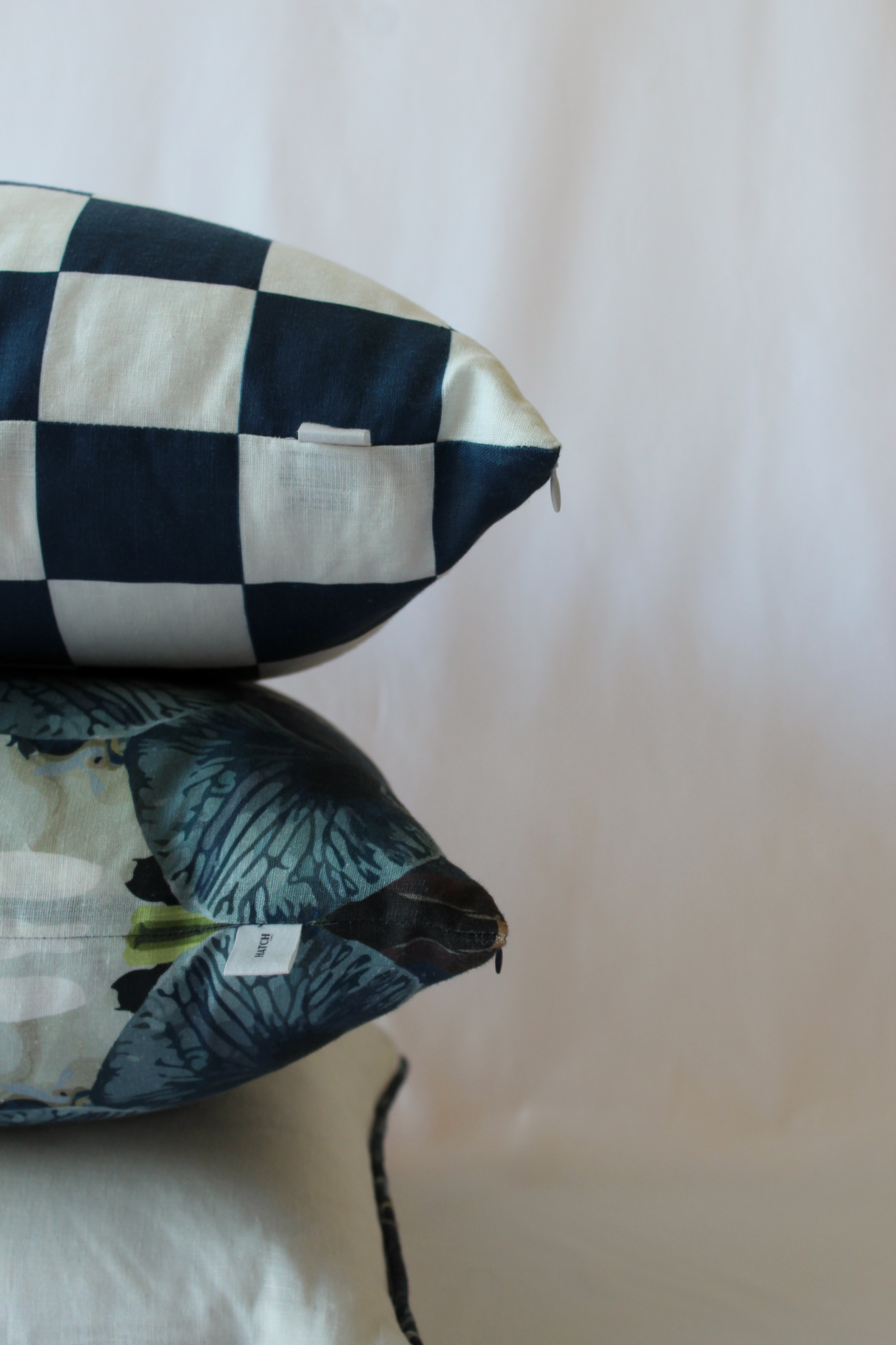 Sate Navy Linen Check Floral and Piping Cushions