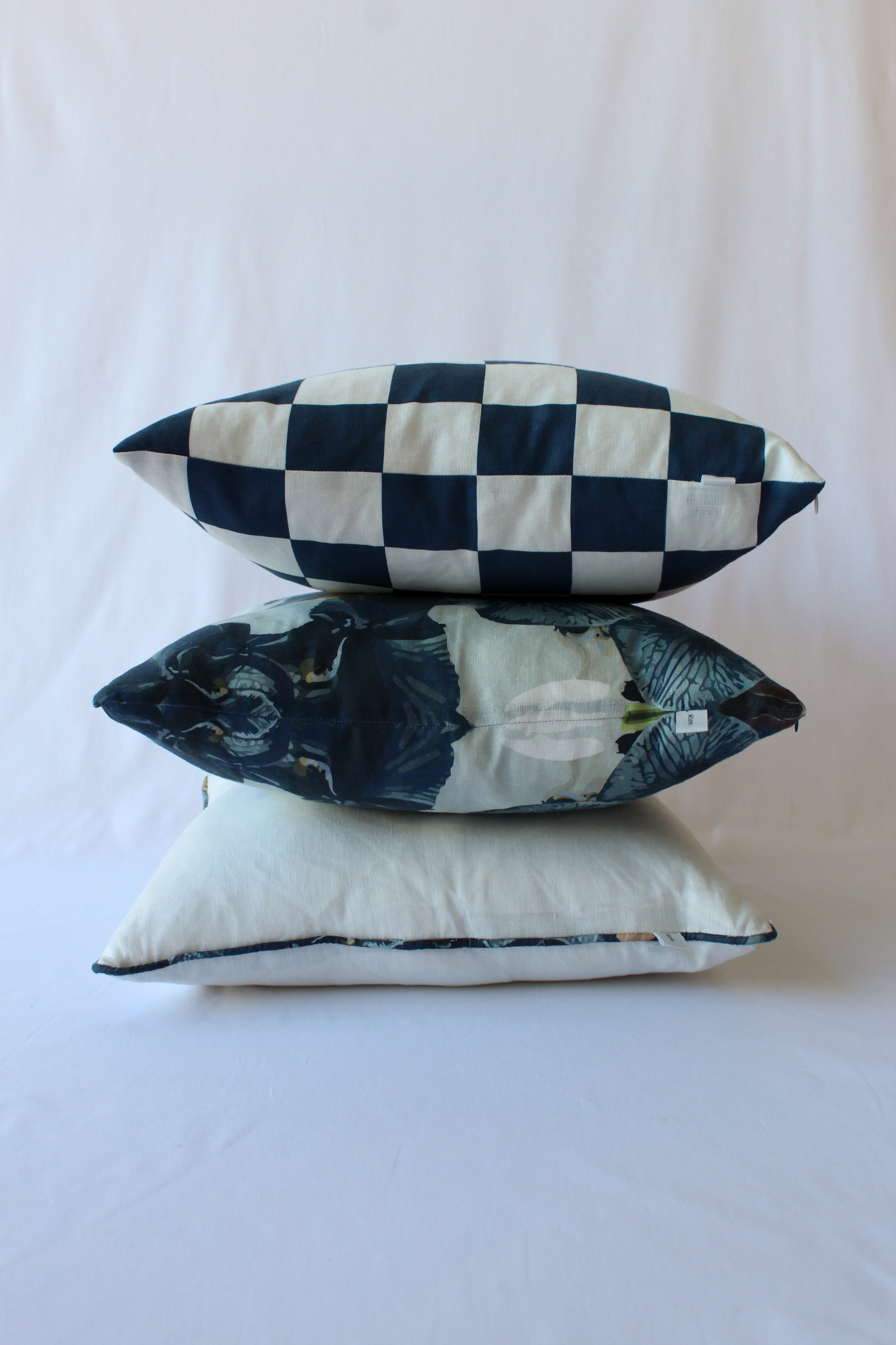 Navy checkered floral and plain with floral piping cushion from the Slate Collection